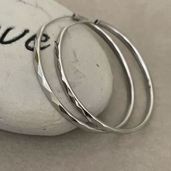 NEW Large 925 Sterling Diamond Cut Hoop Earrings - Picture 3 of 5